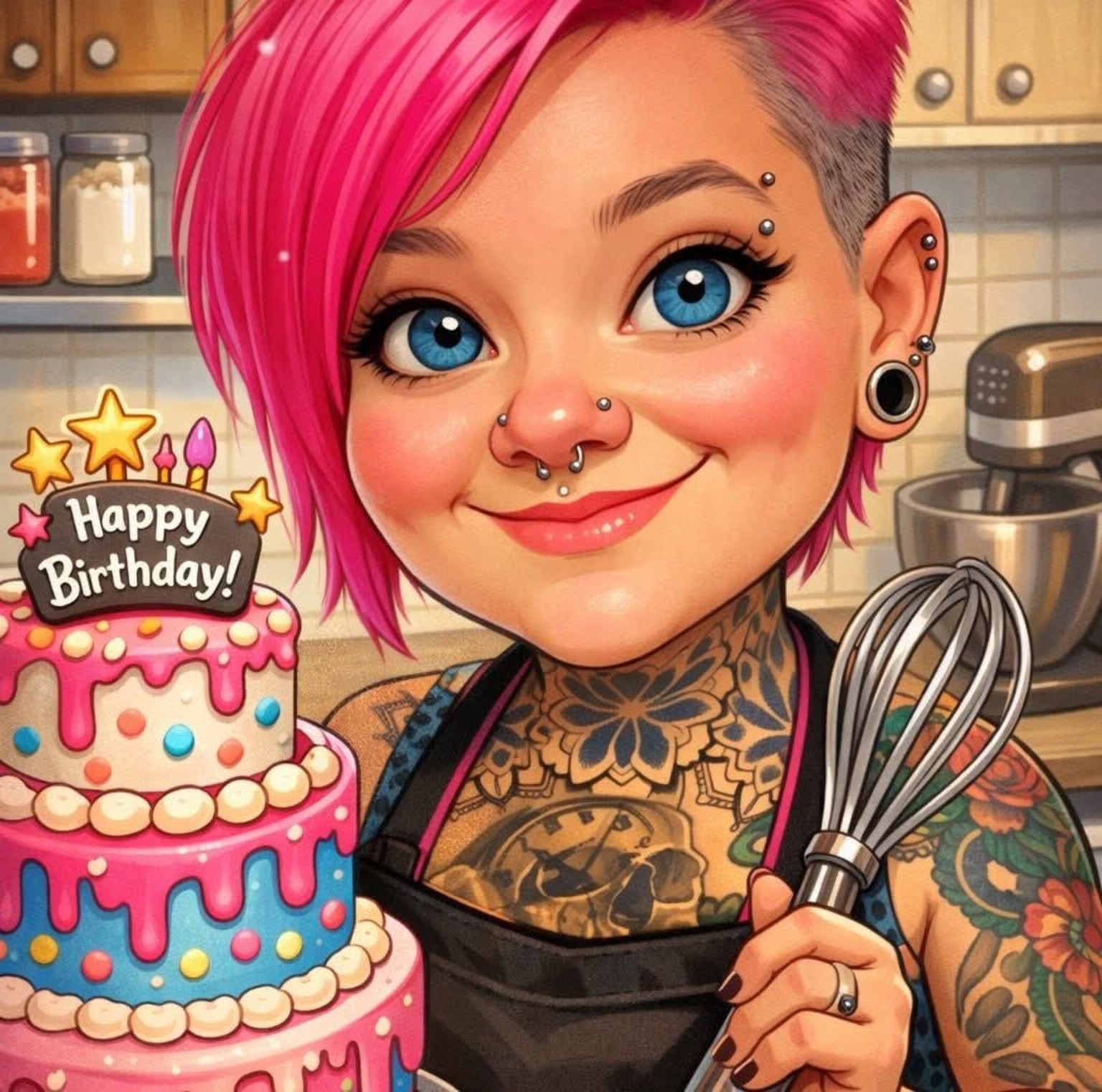 Brown's Bakes illustrated baker with bright pink hair, a whisk and a colourful birthday cake