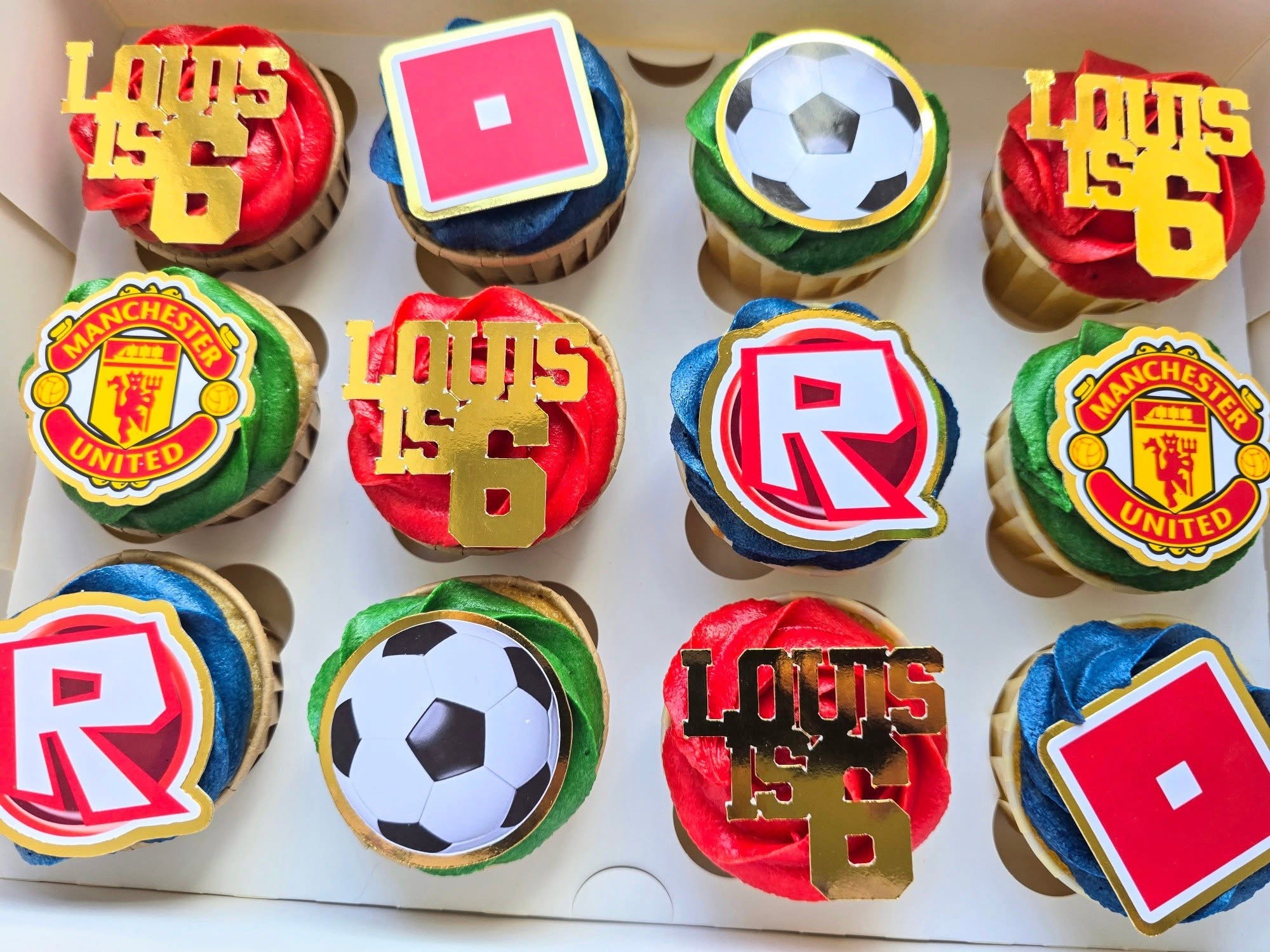 Football and gaming-inspired cupcakes with personalised toppers.
